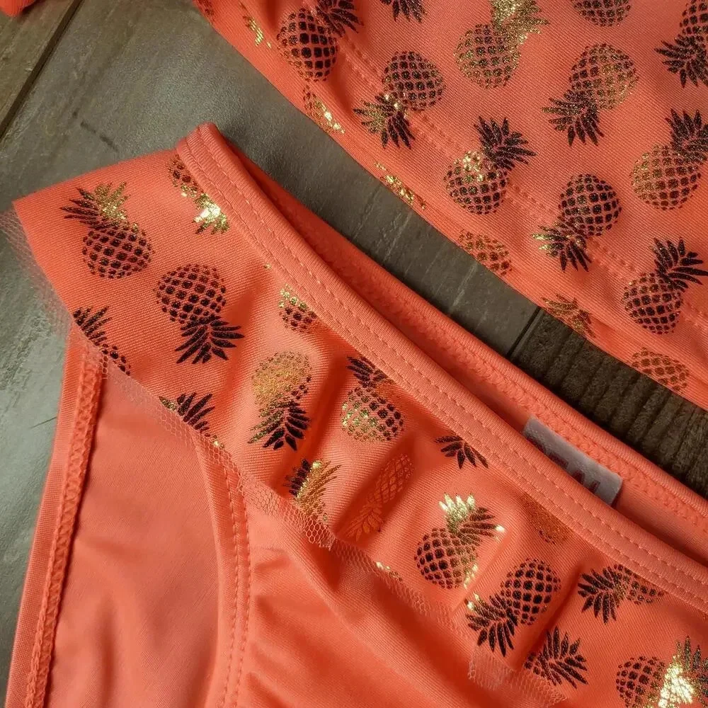 NWT Real Love Toddler Girls Metallic Gold and Coral Pineapple Bikini Set Size 2T